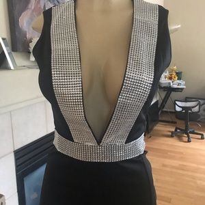 Plunging Neck Sequins Trim Split Thigh Dress